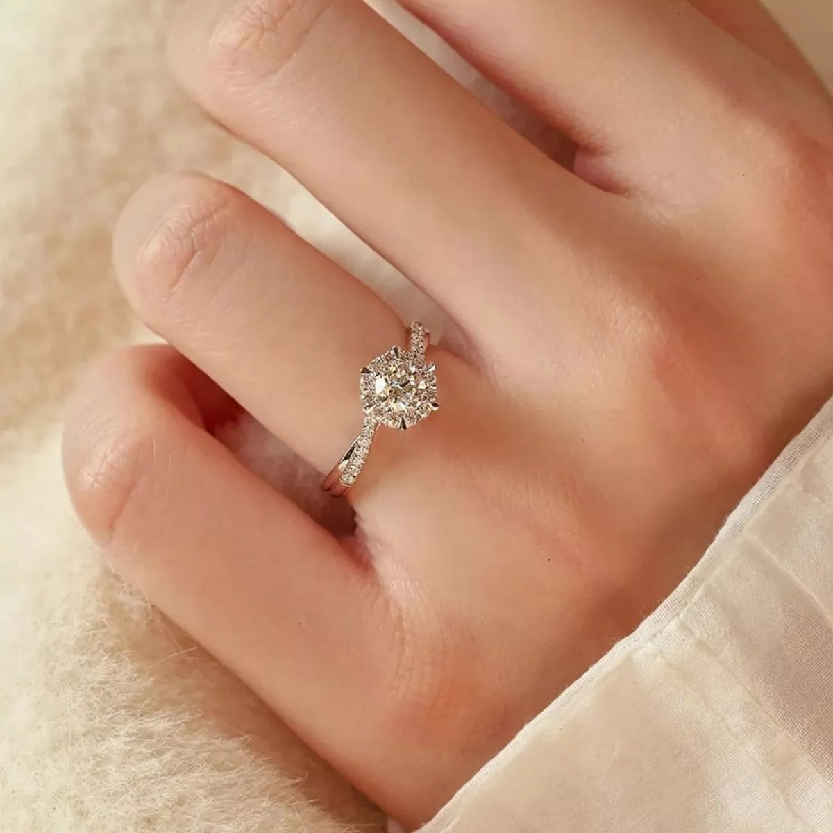 Brilliant moissanite center stone close up detail