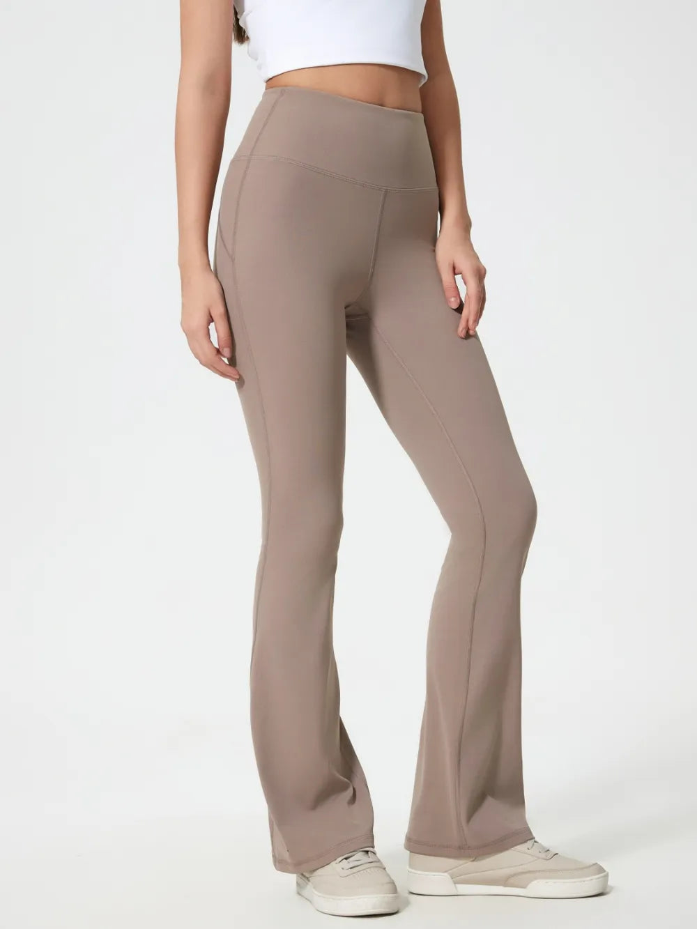 Mocha high waist active pants back view showing high rise waistband