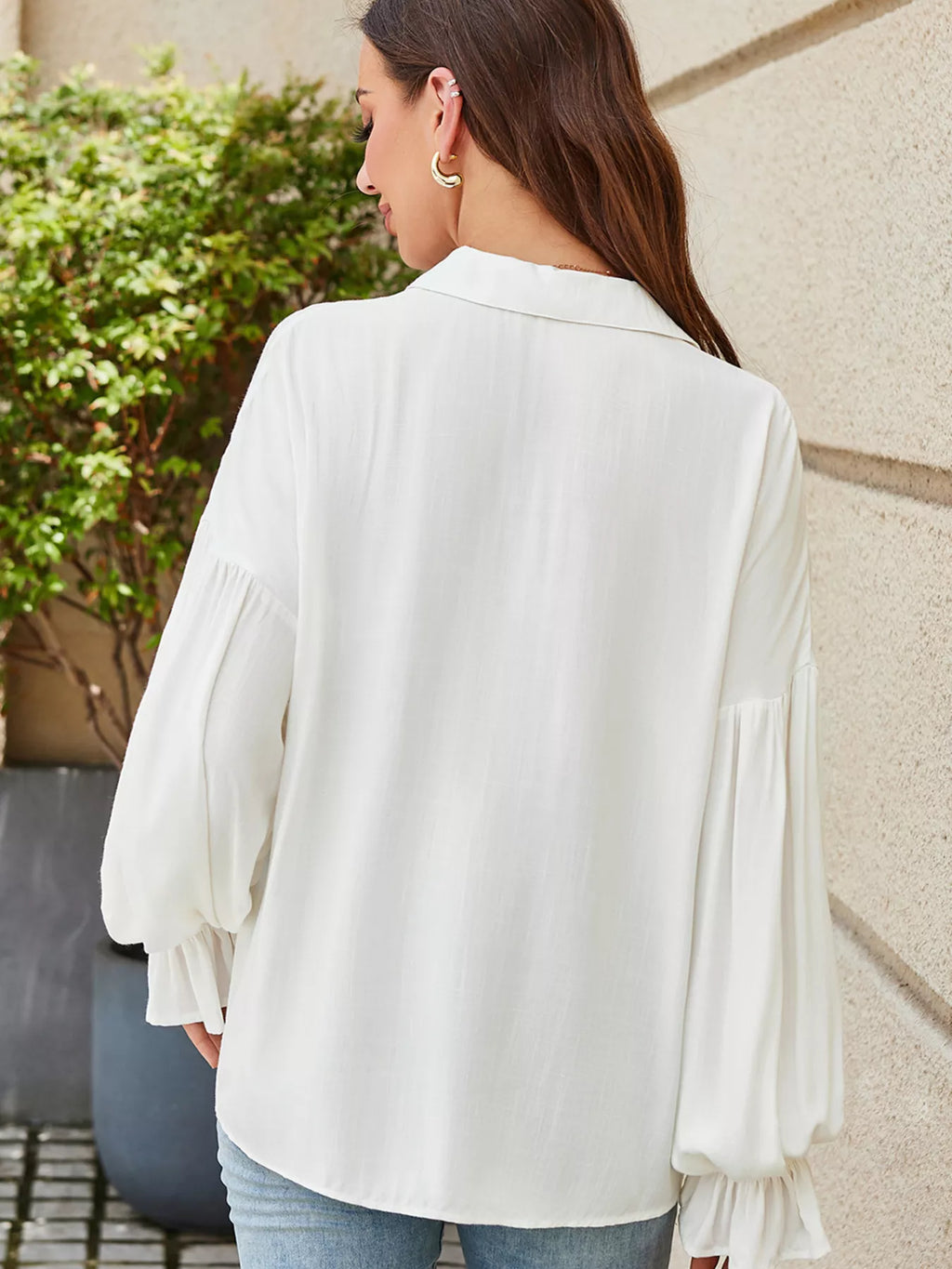 Button down ruffle shirt back view