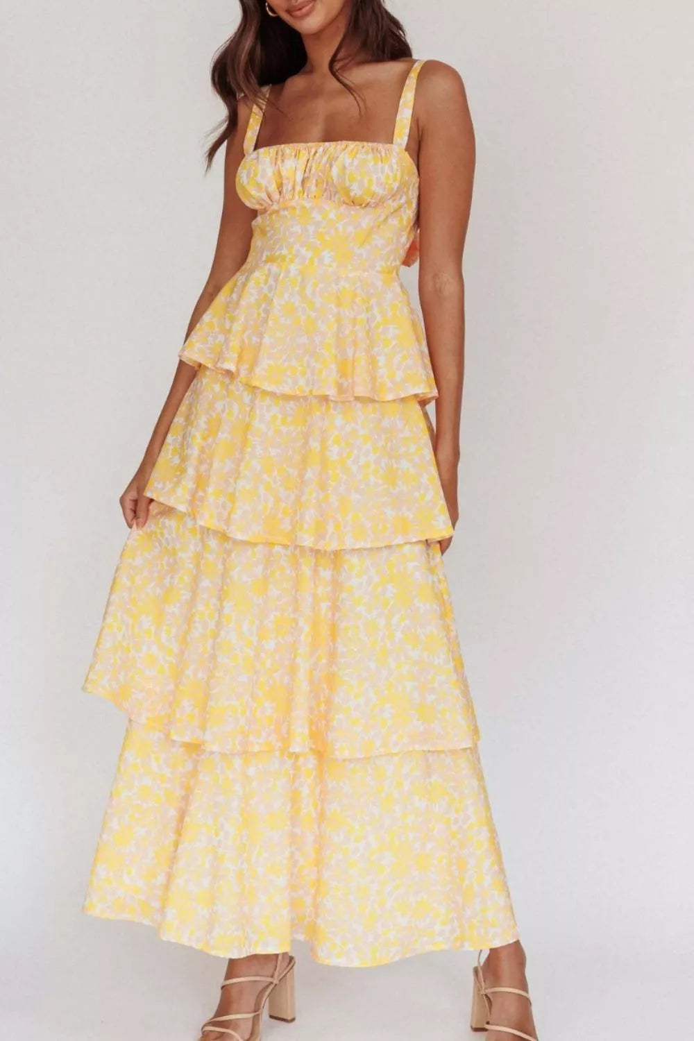 Bright floral maxi dress front view