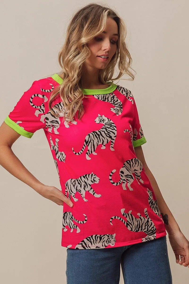Tiger print top contrast ringer neckline detail
