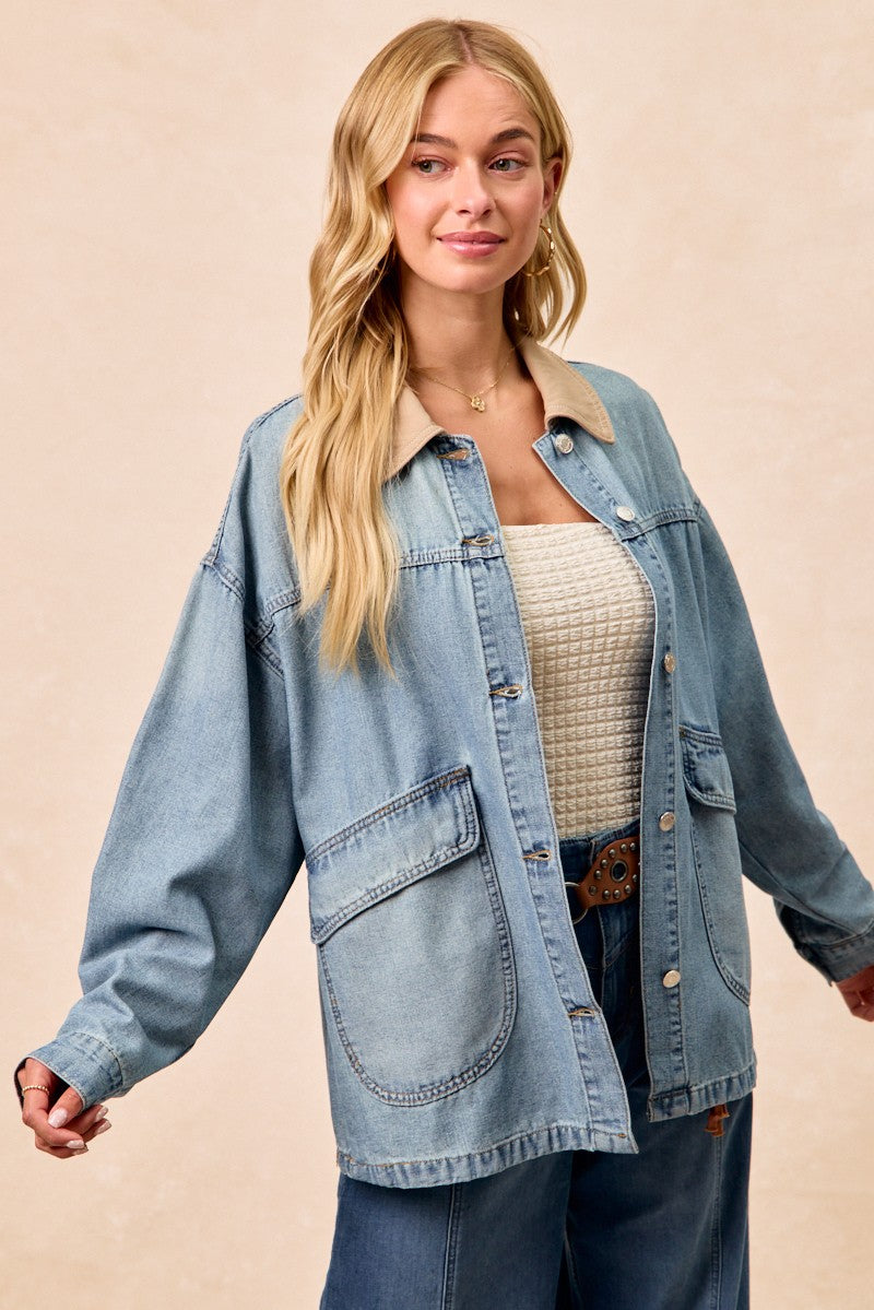 Vintage washed denim jacket detail styling view