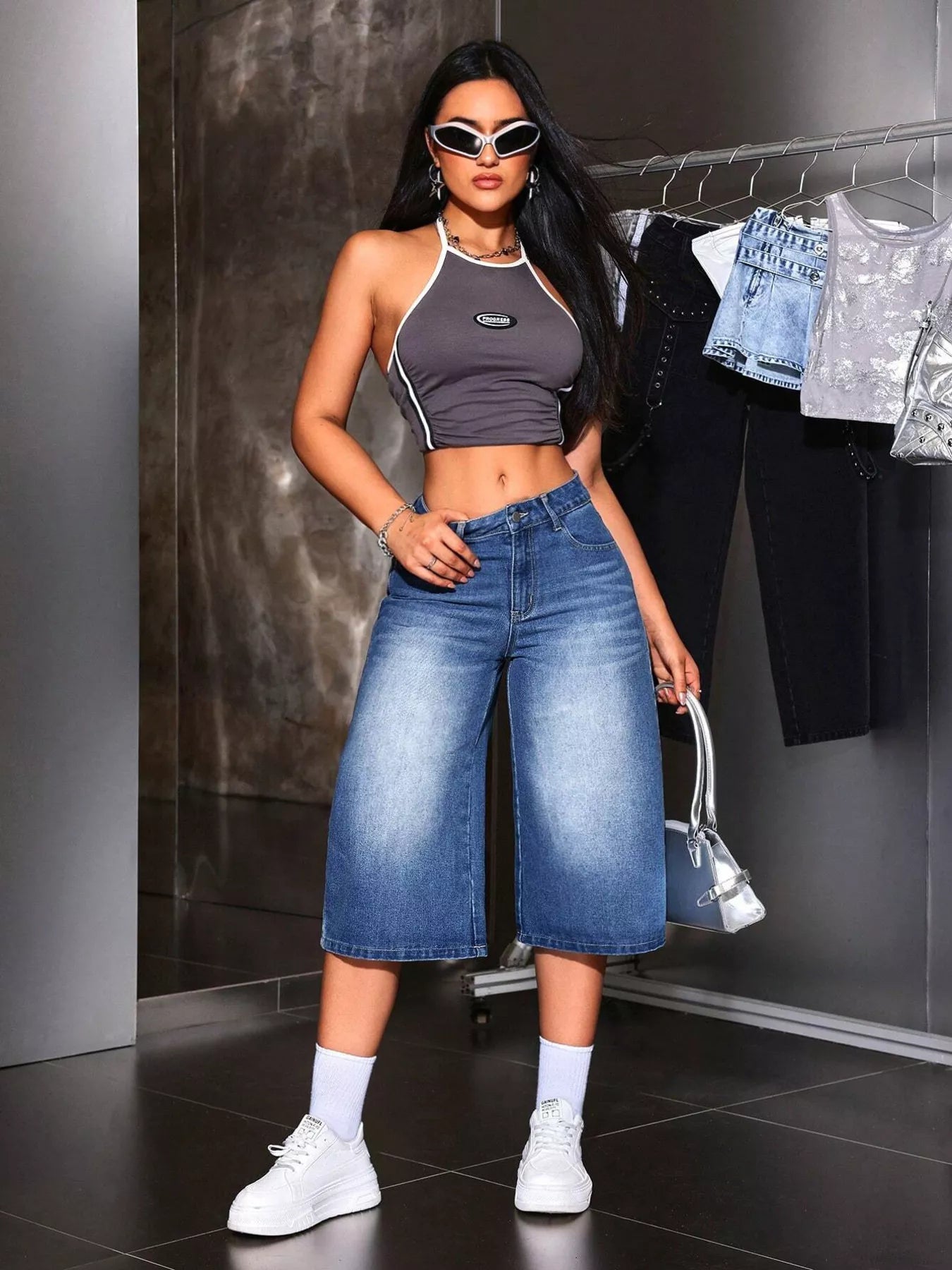 Cropped hem detail on wide leg denim capri jeans