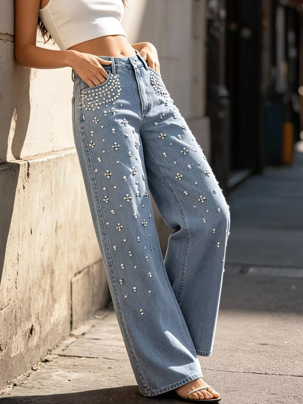 Rhinestone embellished wide leg jeans front view