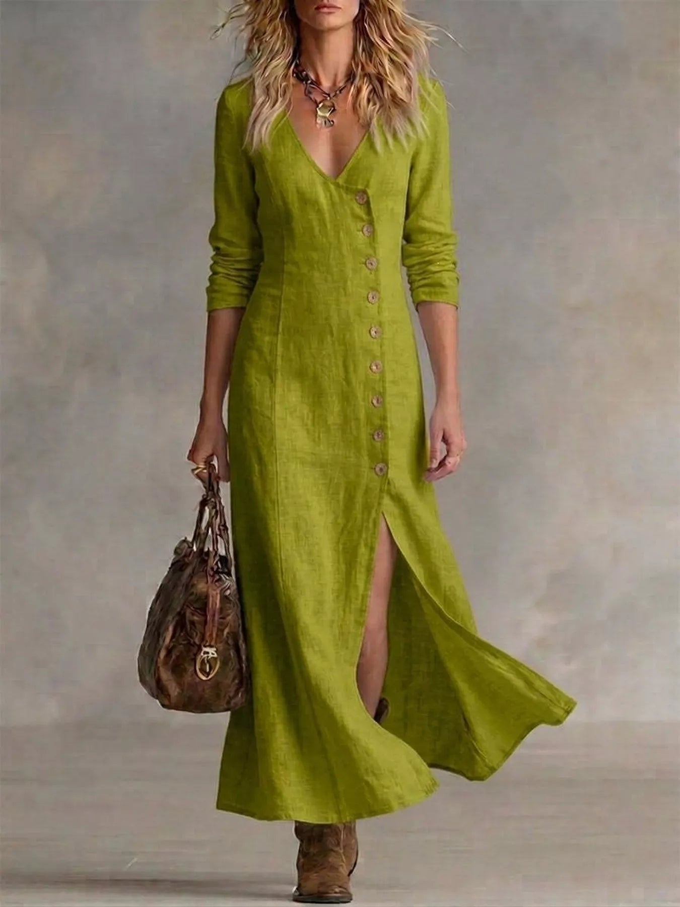 Fabric detail on button front slit maxi dress