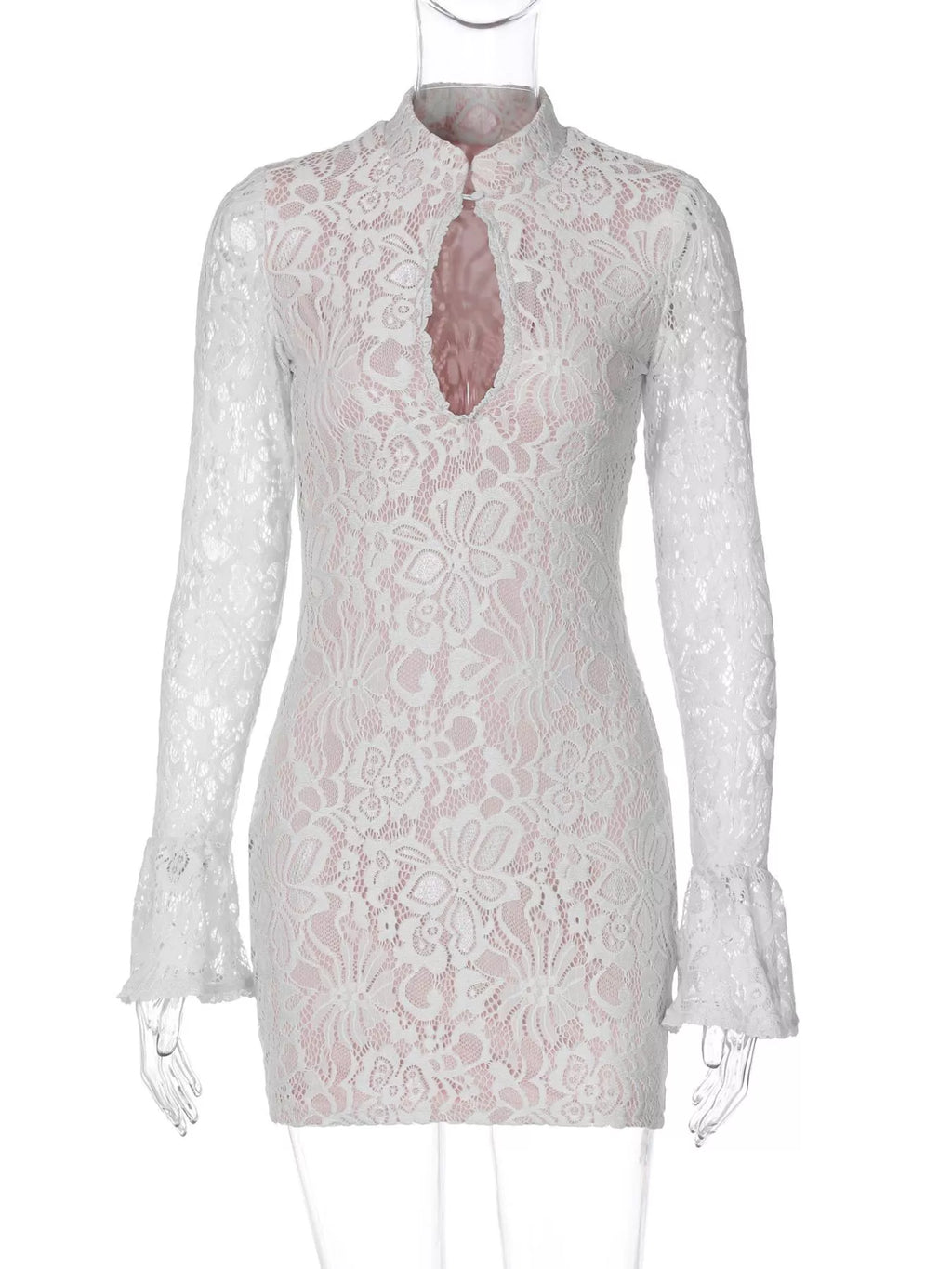 Lace cutout long sleeve mini dress neckline detail