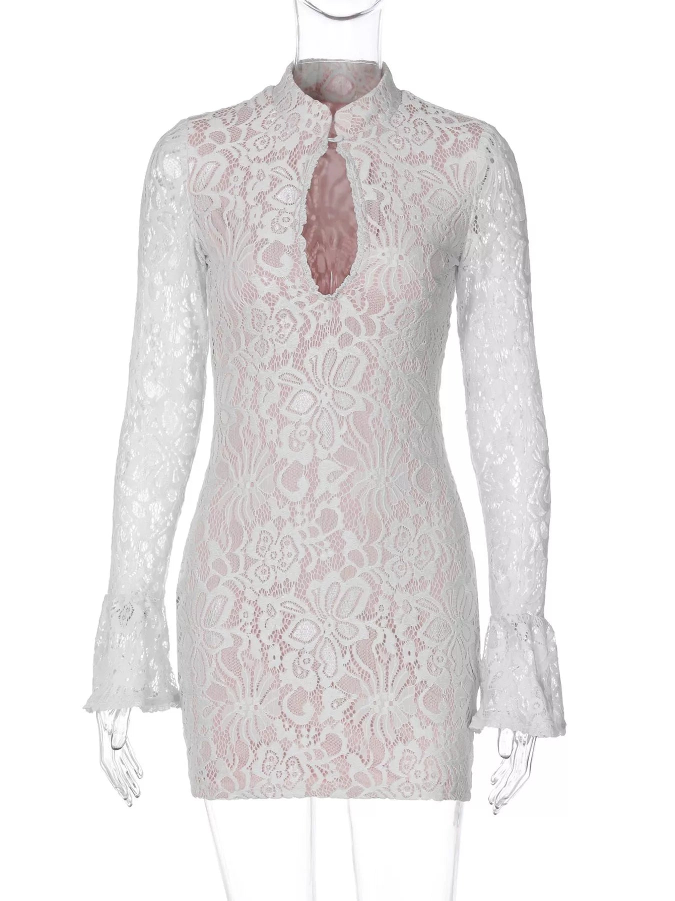 Lace cutout long sleeve mini dress neckline detail