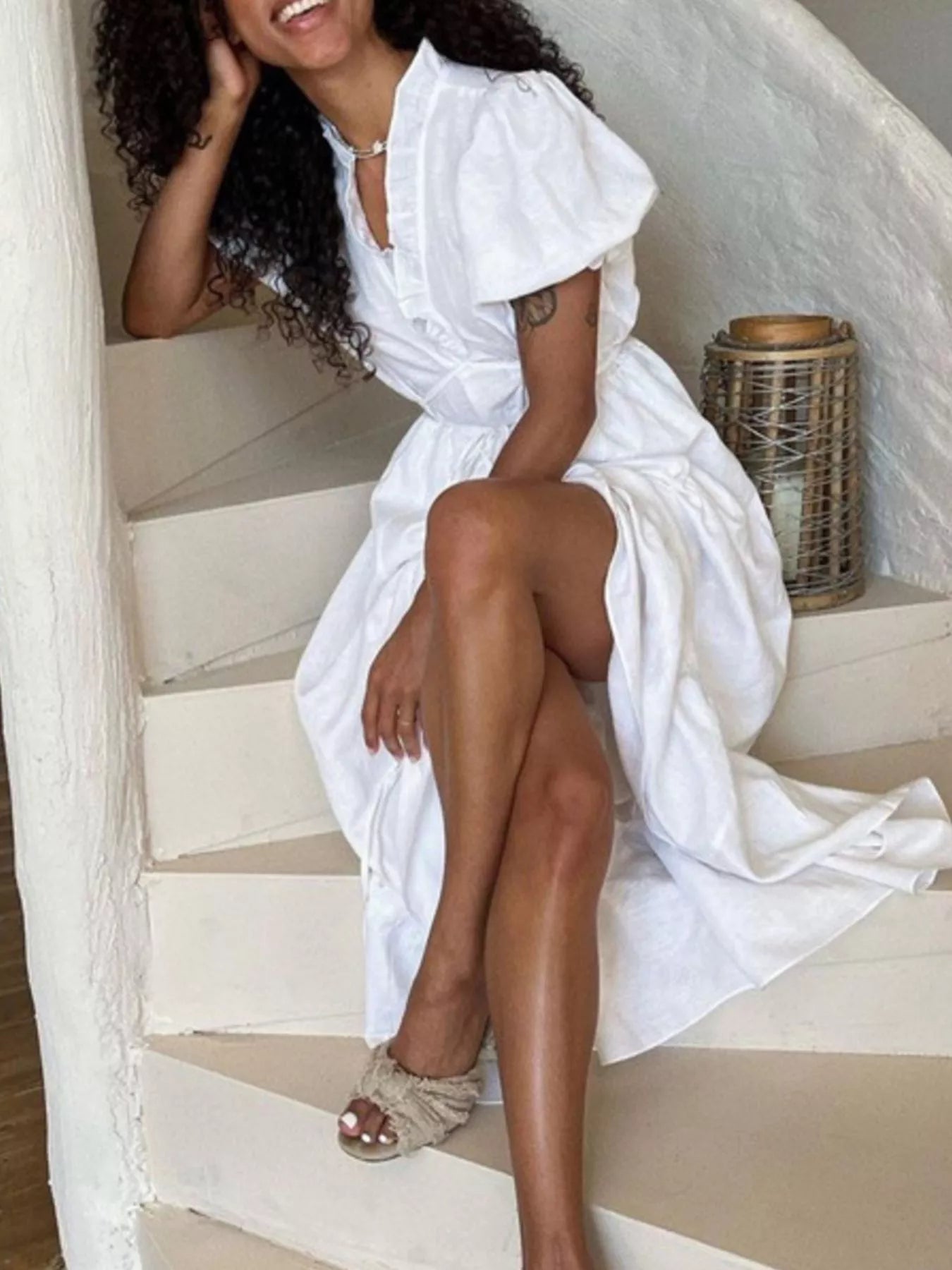 Tie waist detail on puff sleeve dress