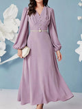 Lavender V neck balloon sleeve maxi dress front view