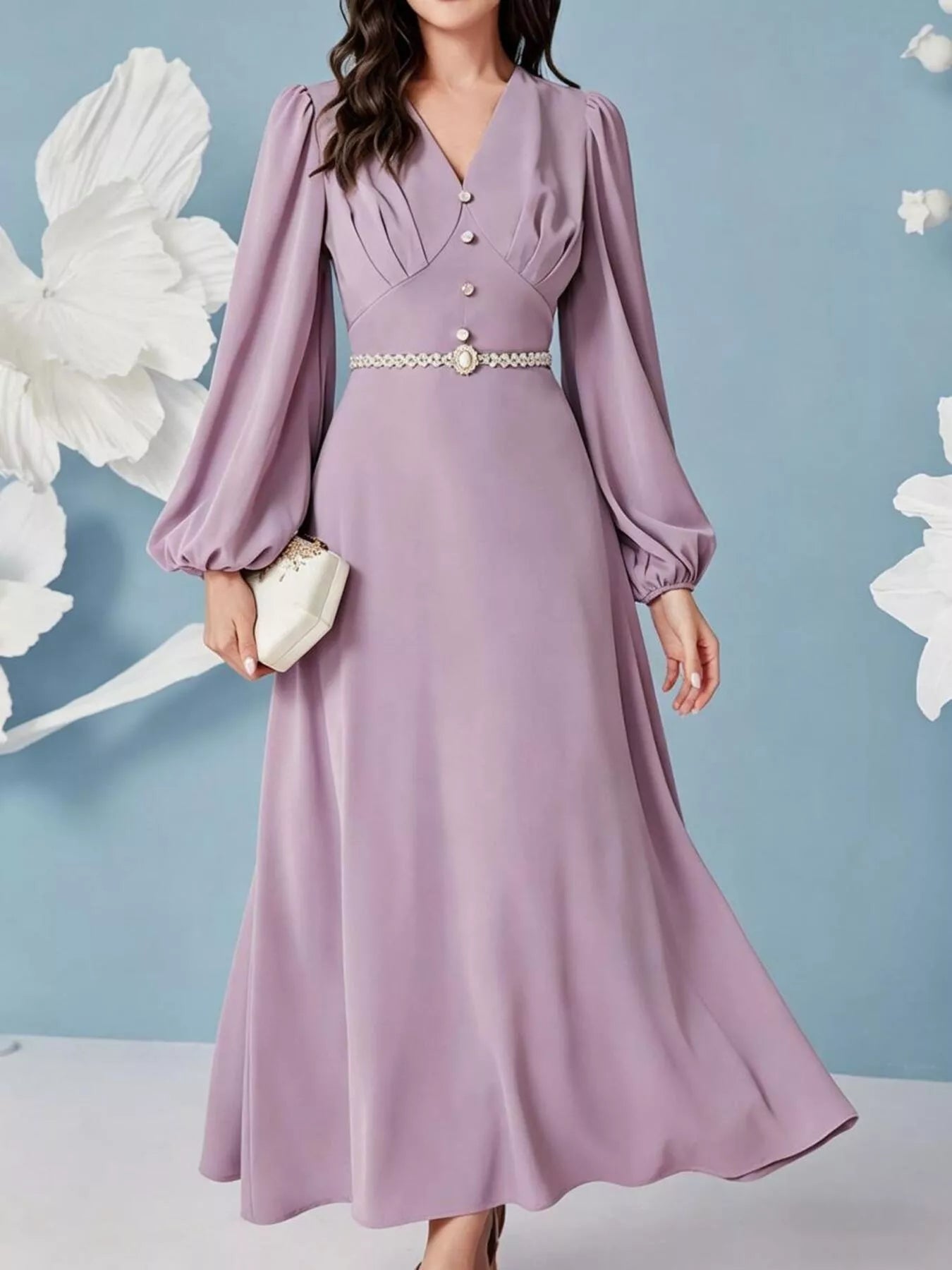 Lavender V neck balloon sleeve maxi dress front view