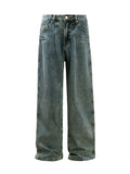 Mens washed wide leg jeans in denim blue front view