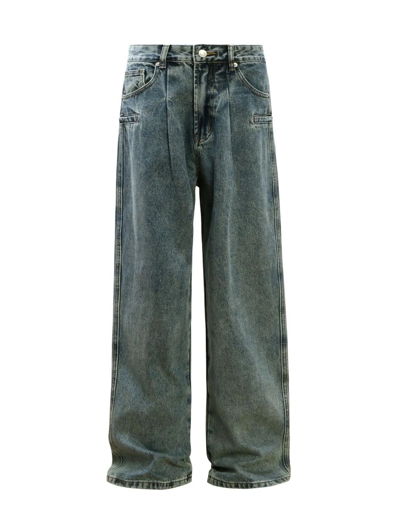 Mens washed wide leg jeans in denim blue front view