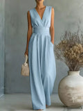 Sleeveless wide leg plus size jumpsuit front view