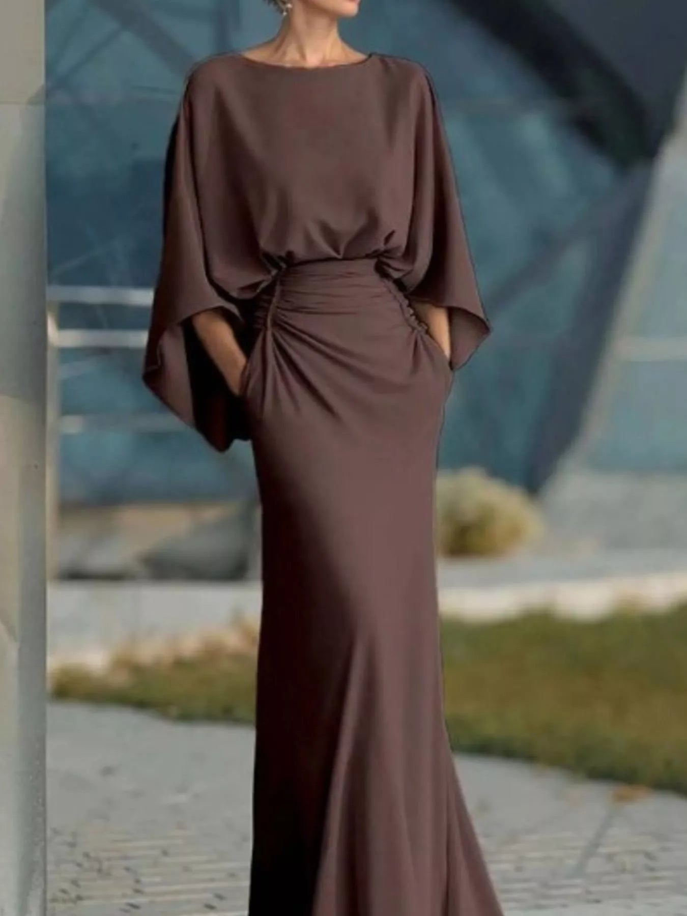 Ruched maxi dress model full body shot