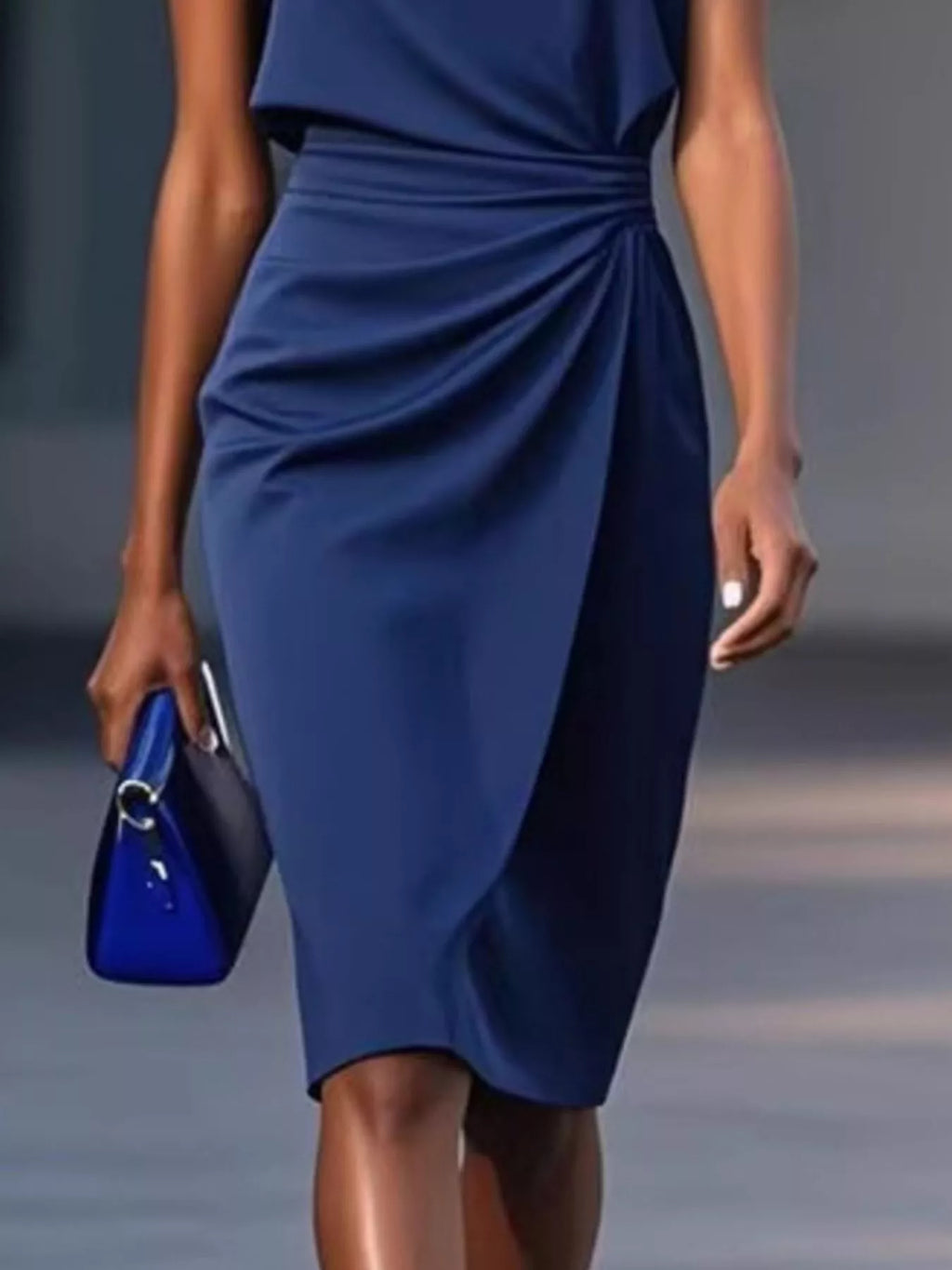 Navy ruched waist sleeveless dress front view