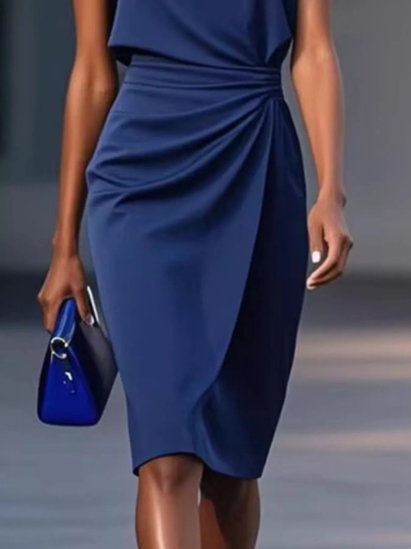 Navy ruched waist sleeveless dress front view