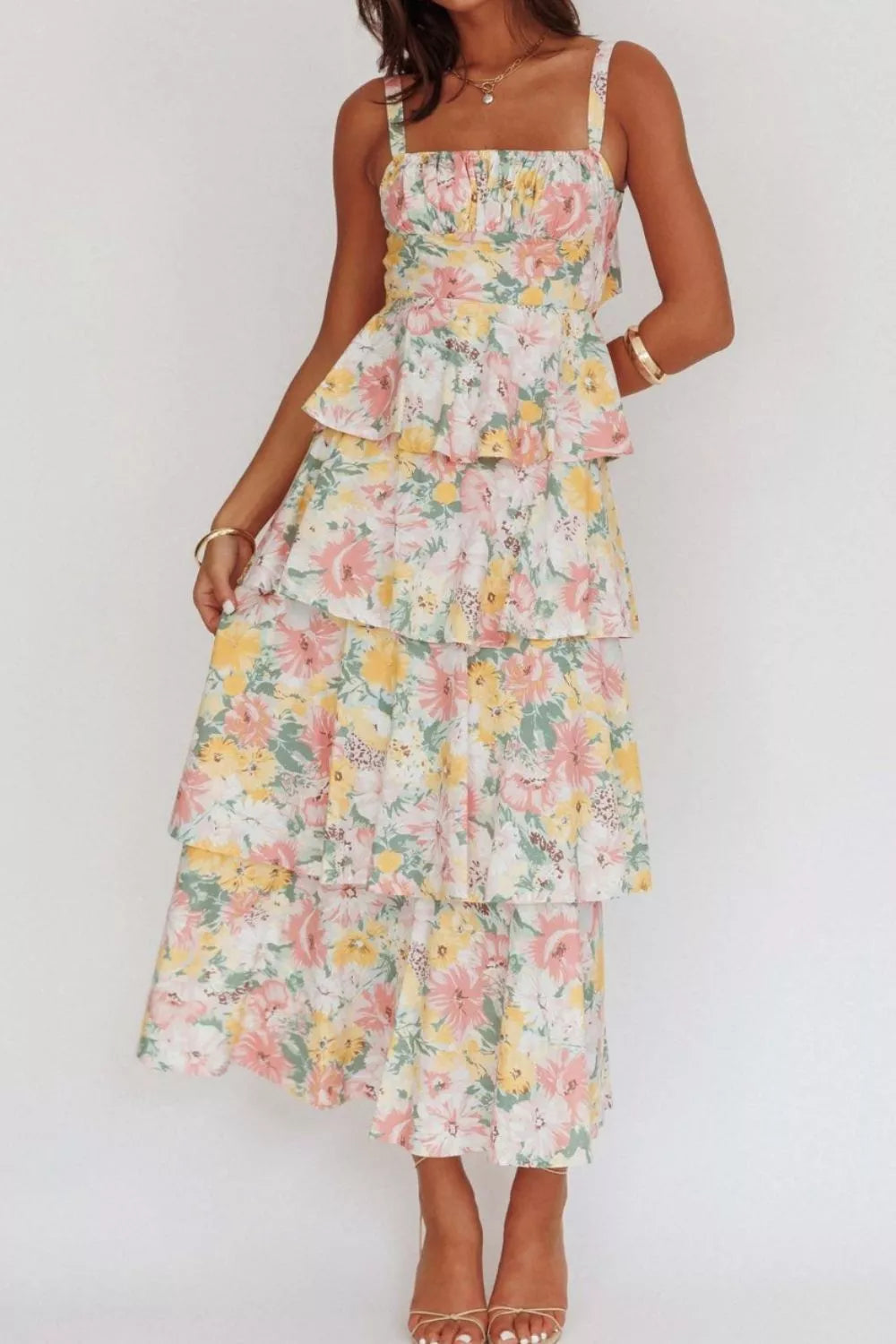 Floral layered maxi dress styled on model