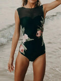 Deep teal cutout printed sleeveless one piece swimsuit front view
