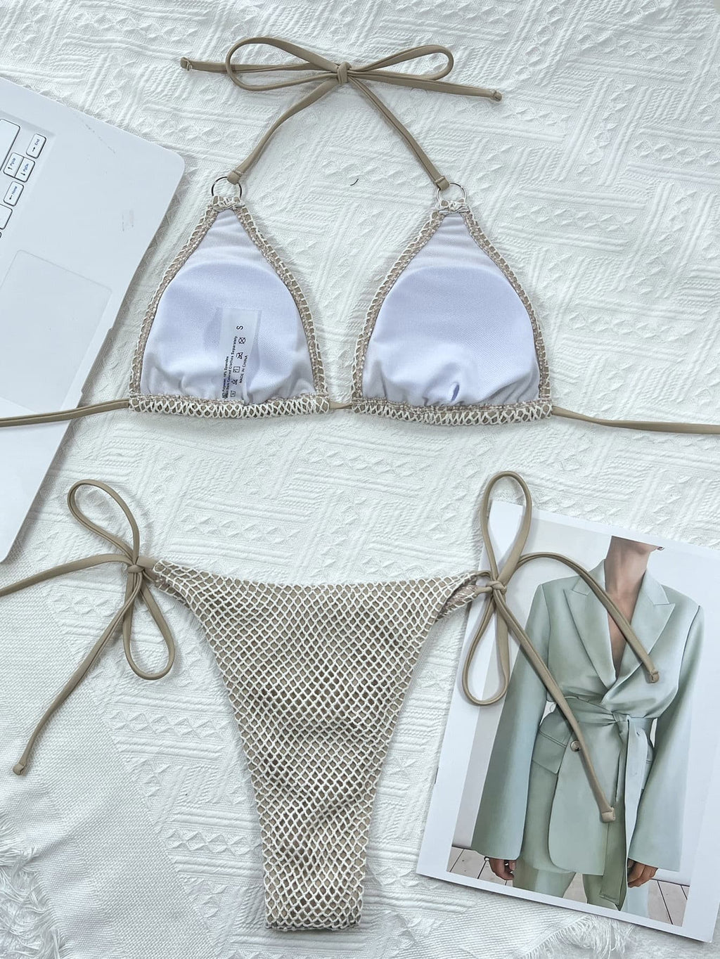 Ivory beach bikini set back view showing adjustable tie