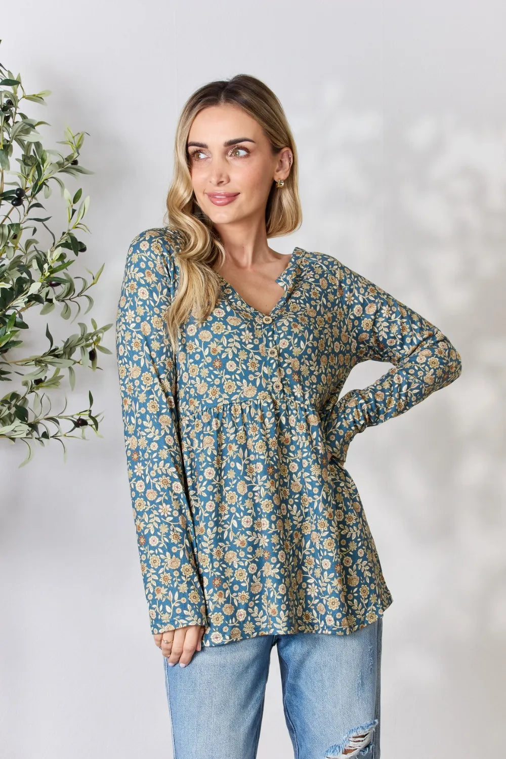Floral half button long sleeve blouse front view