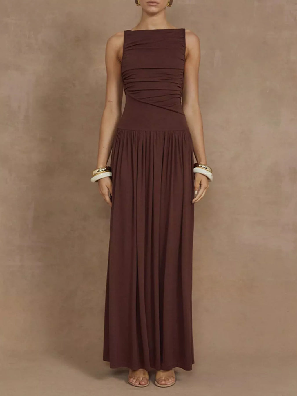 Sleeveless ruched maxi dress side view