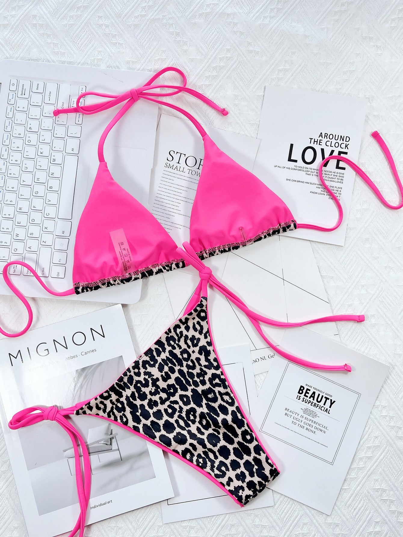 Leopard print halter tie side bikini full set view