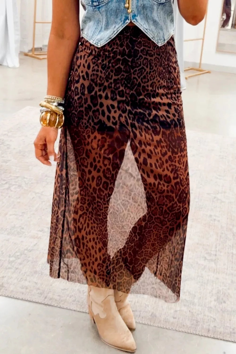 Animal print sheer midi skirt side view