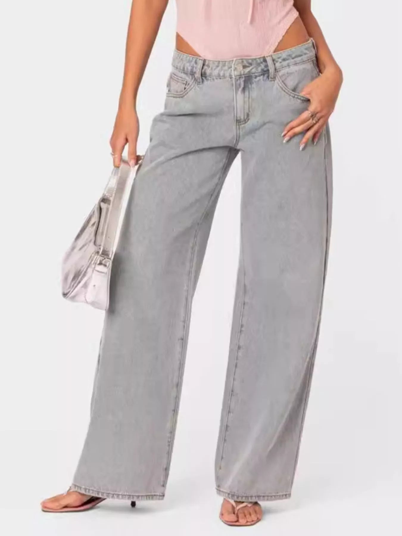 Side view of light wash wide leg jeans full length