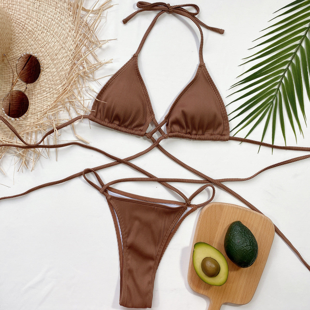 Ribbed halter bikini set poolside view