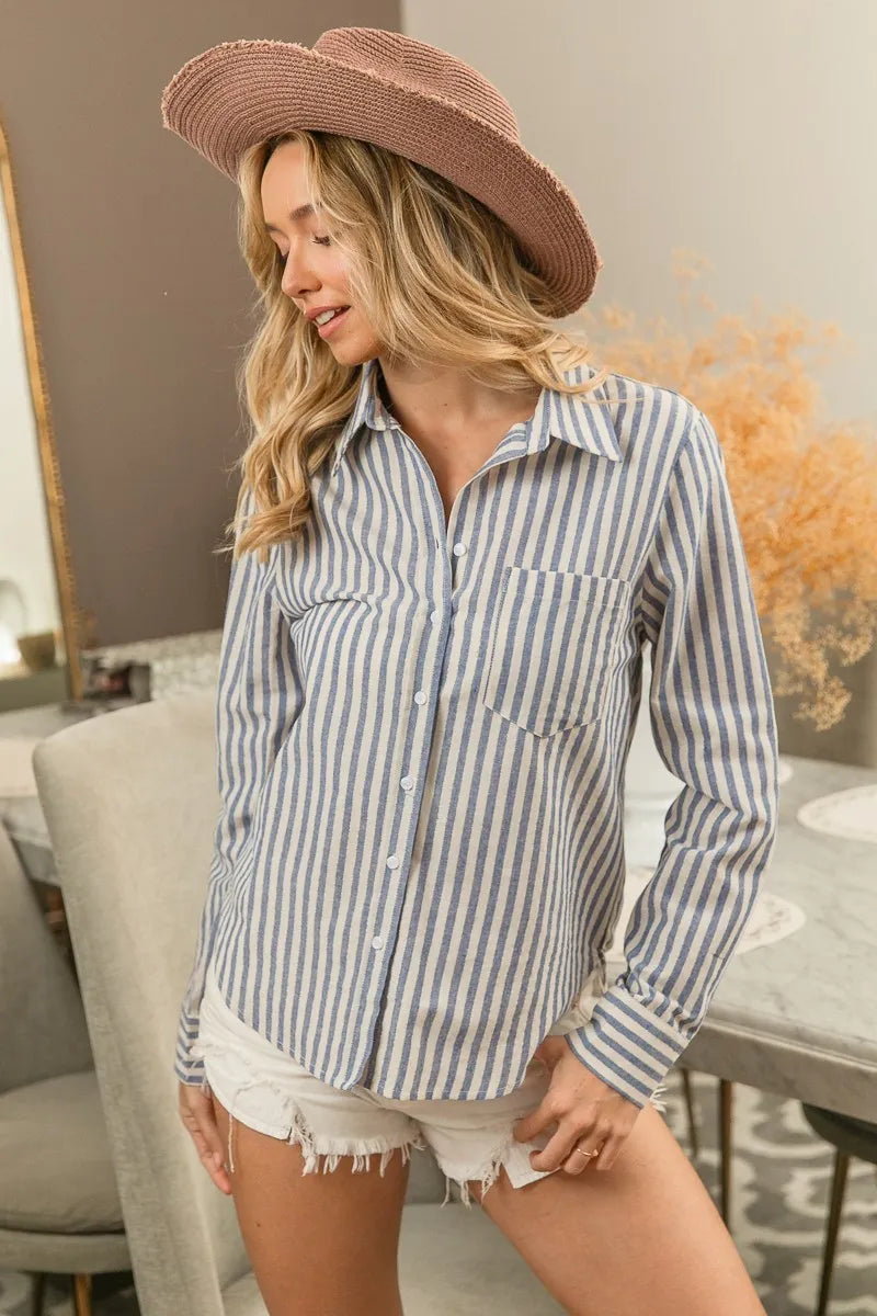 Side view of lurex stripe button down shirt