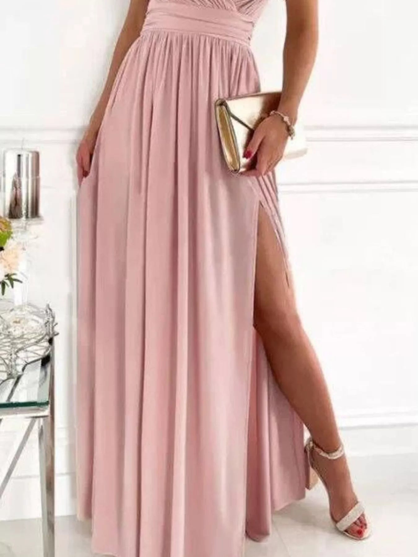 High slit lace dress walking view