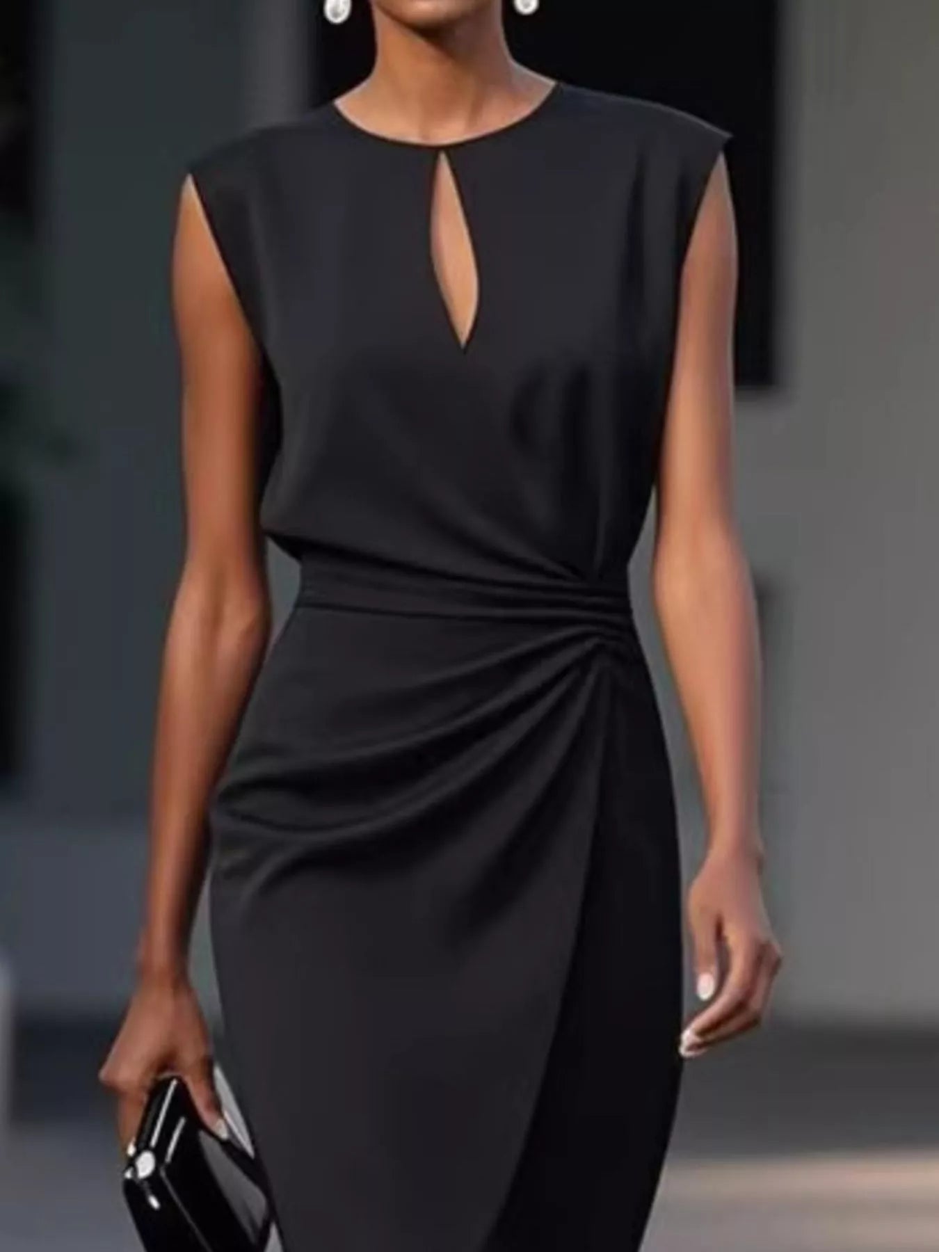 Dark green ruched sleeveless dress front view