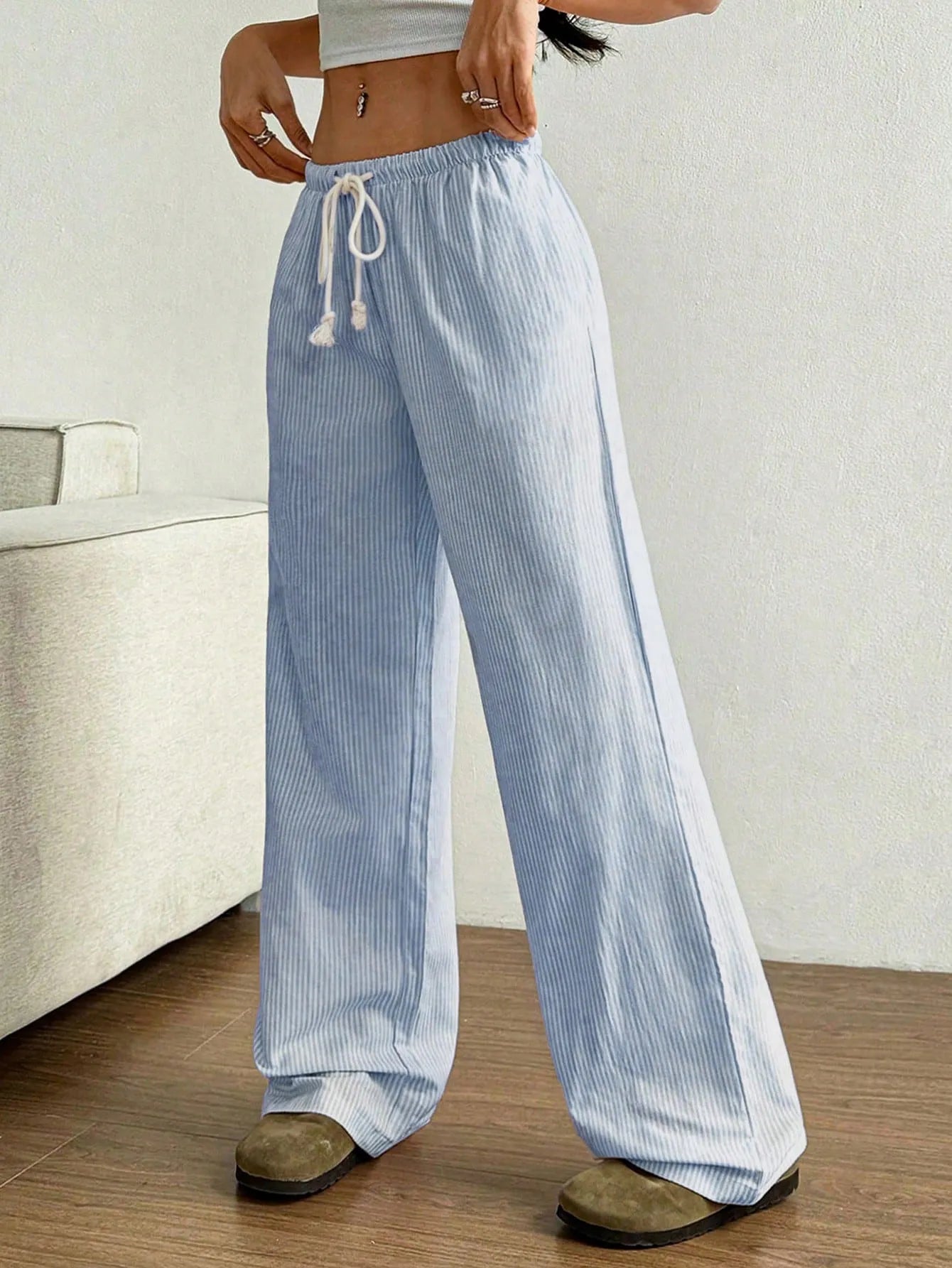 Light pink striped wide leg pants front