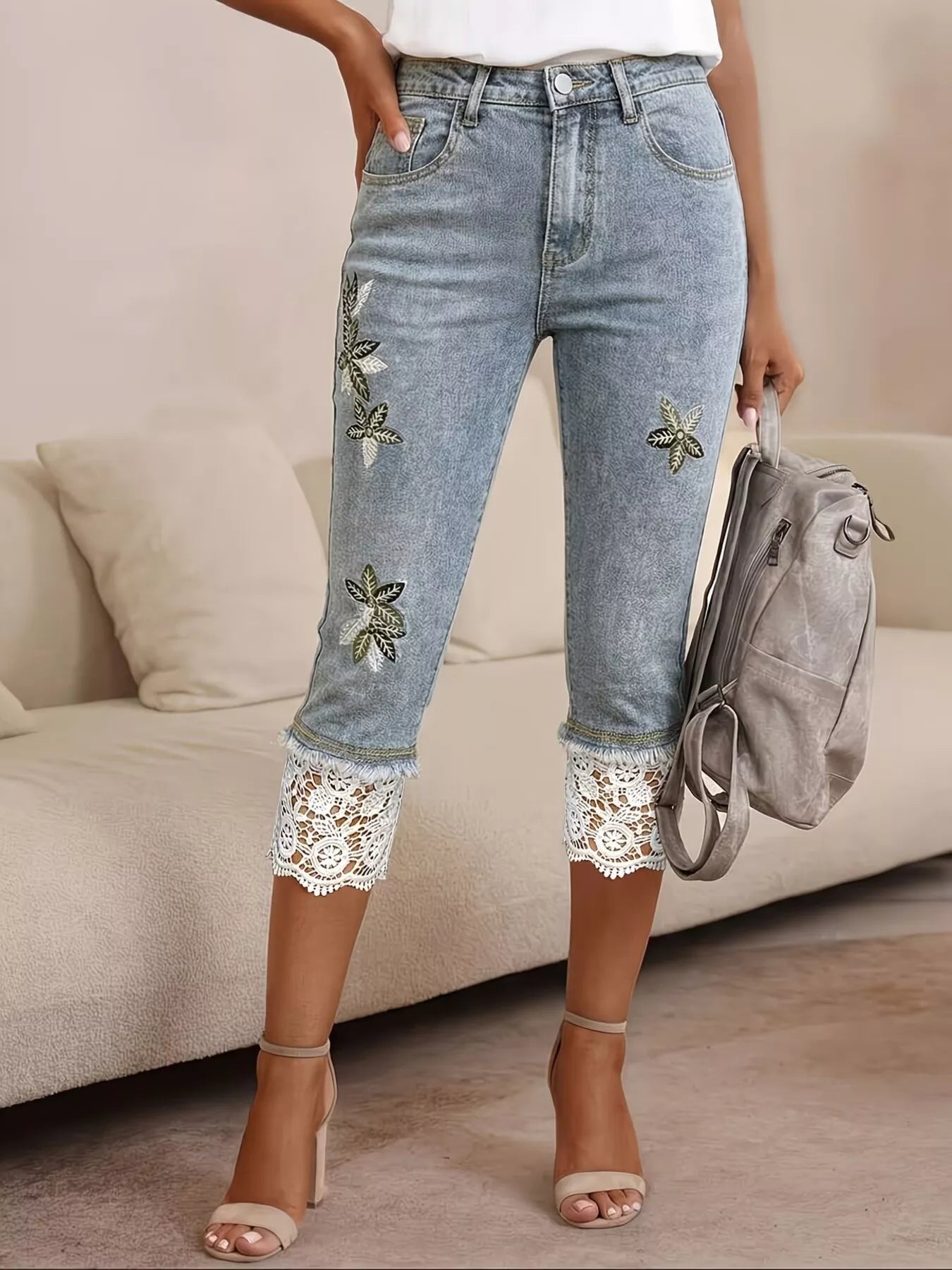 Lace trimmed capri jeans back view