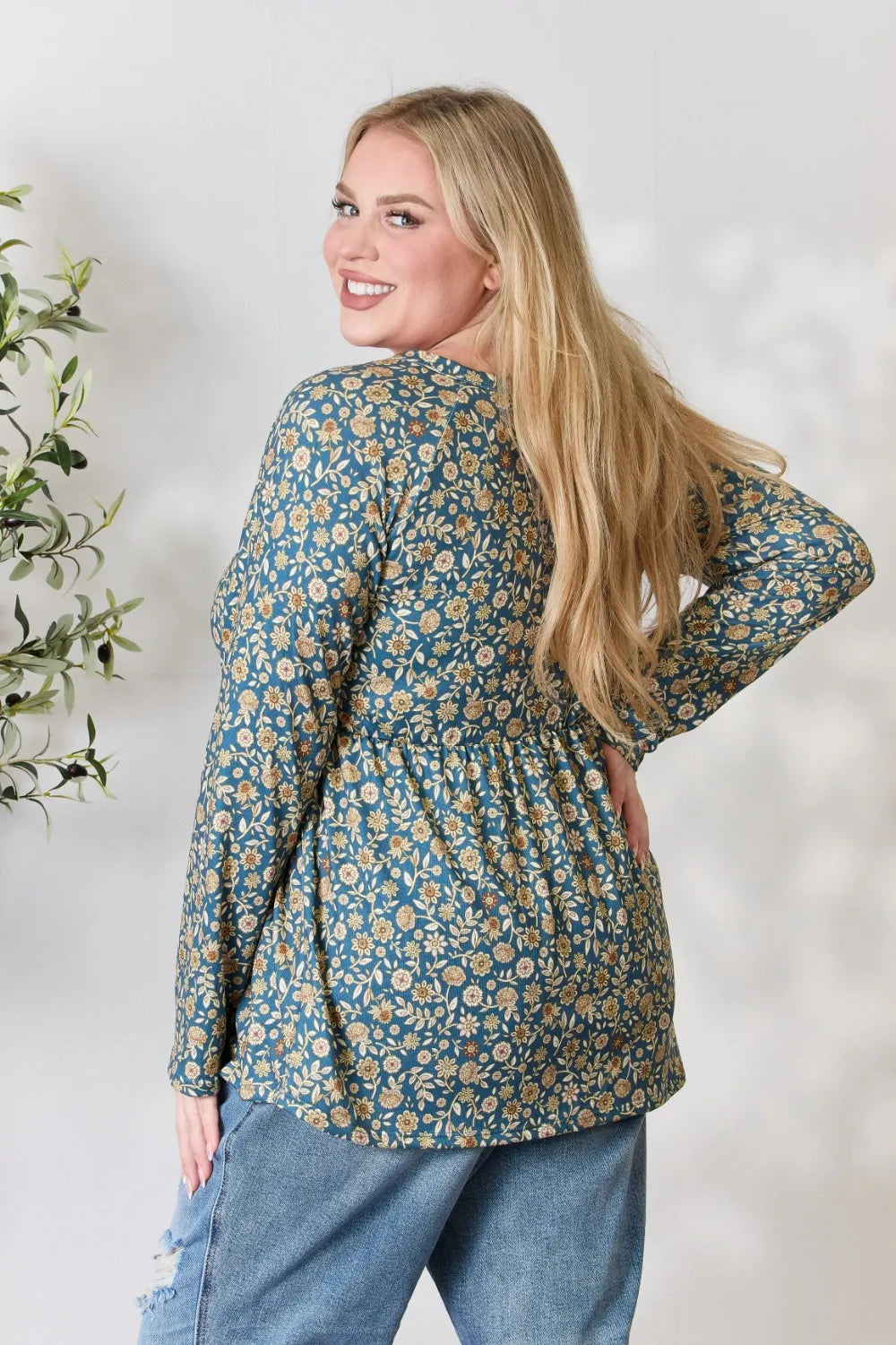 Floral babydoll top model side view