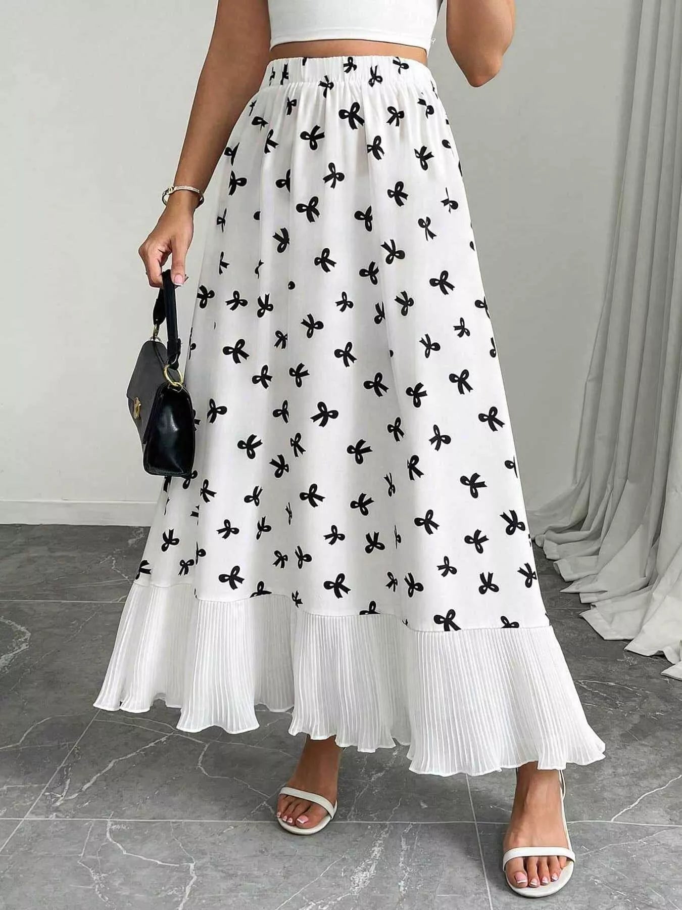Bow print ruffle hem maxi skirt front view
