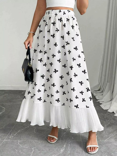 Bow print ruffle hem maxi skirt front view