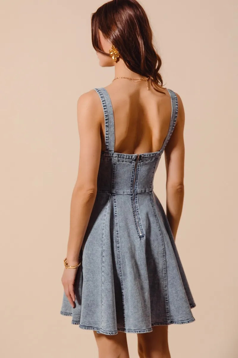 Bow ribbon waist detail on denim dress