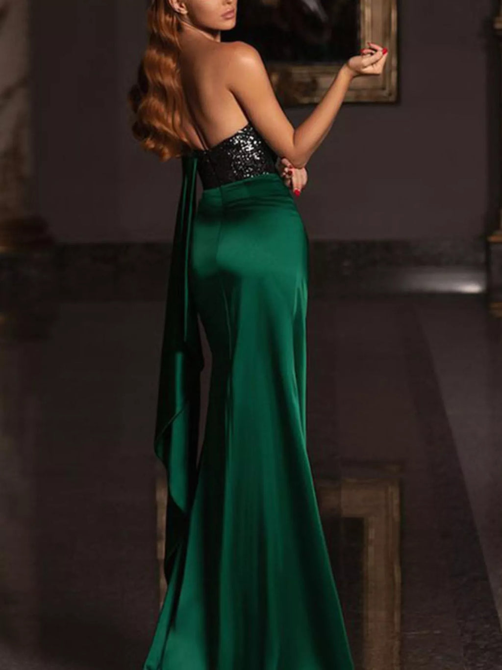 One shoulder sequin gown back view on model