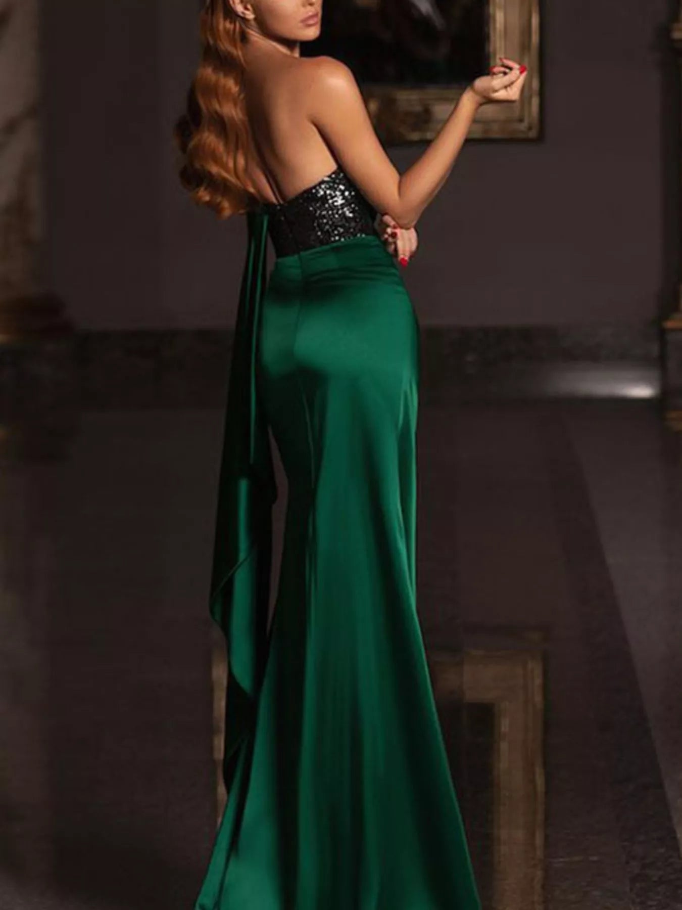 One shoulder sequin gown back view on model