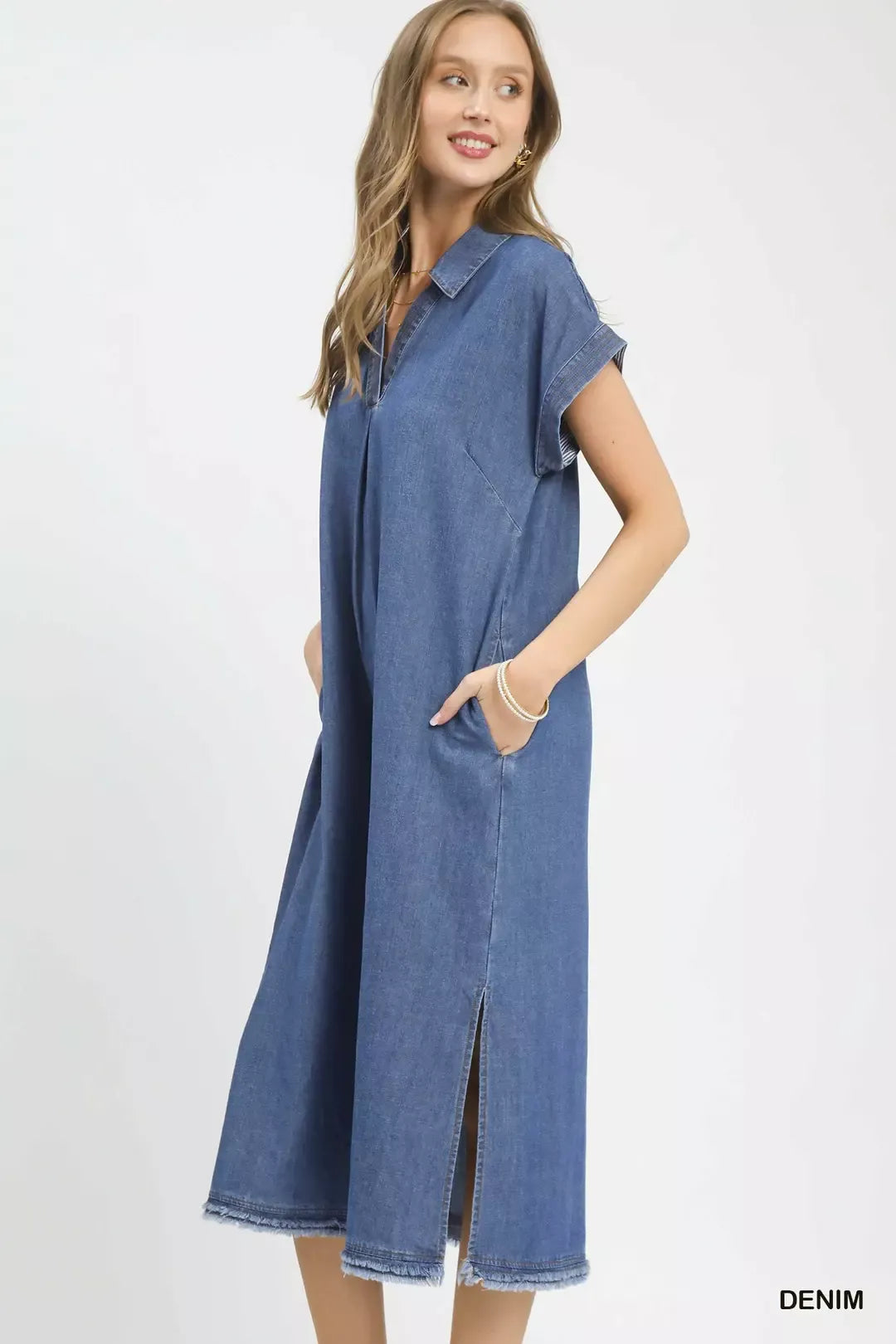 Denim midi dress side view showing midi length