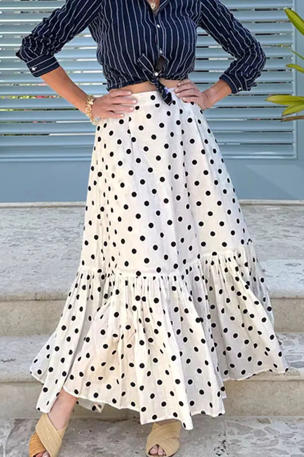 Polka dot slit maxi skirt summer outfit