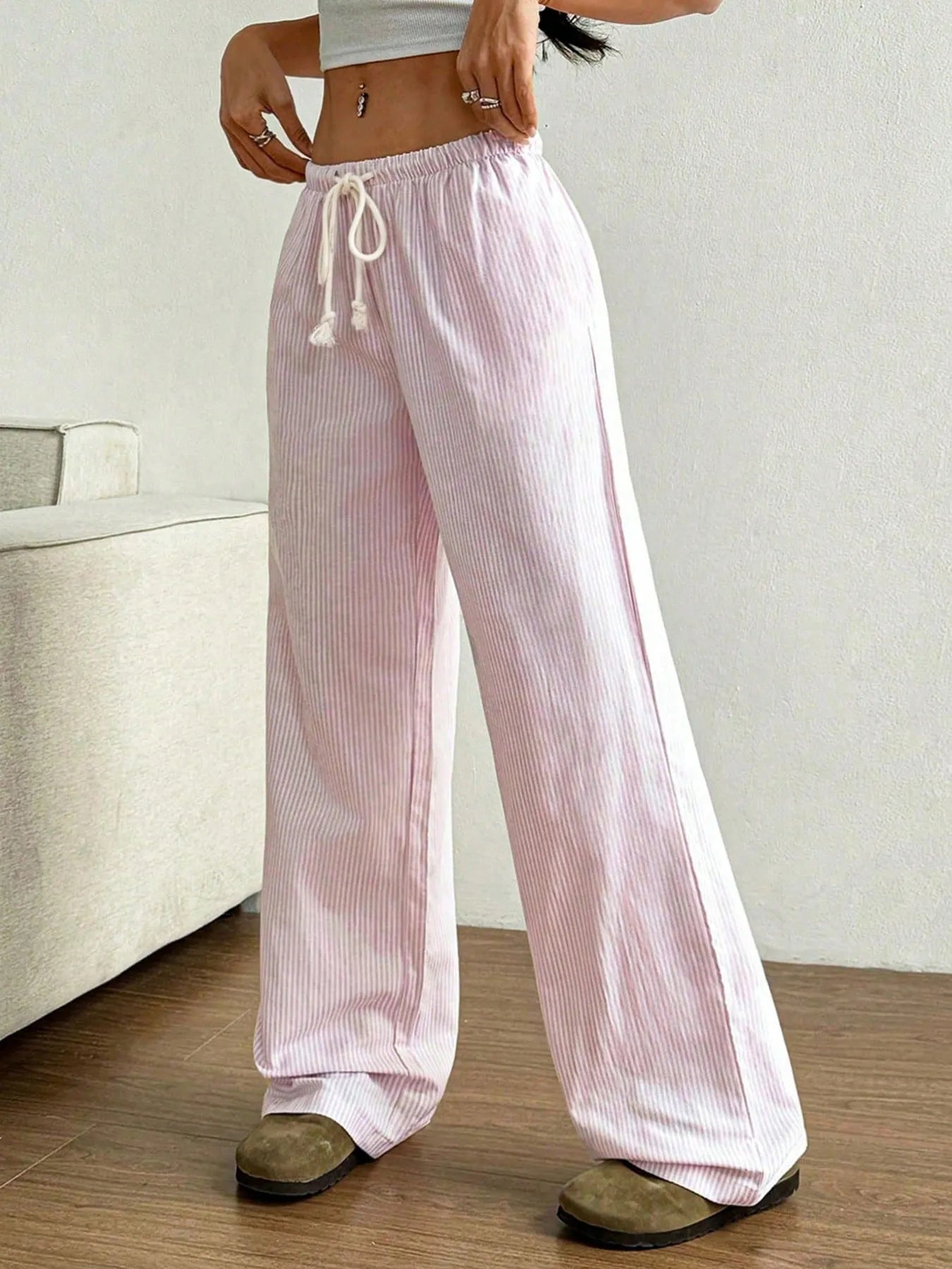 Striped wide leg pants full length view