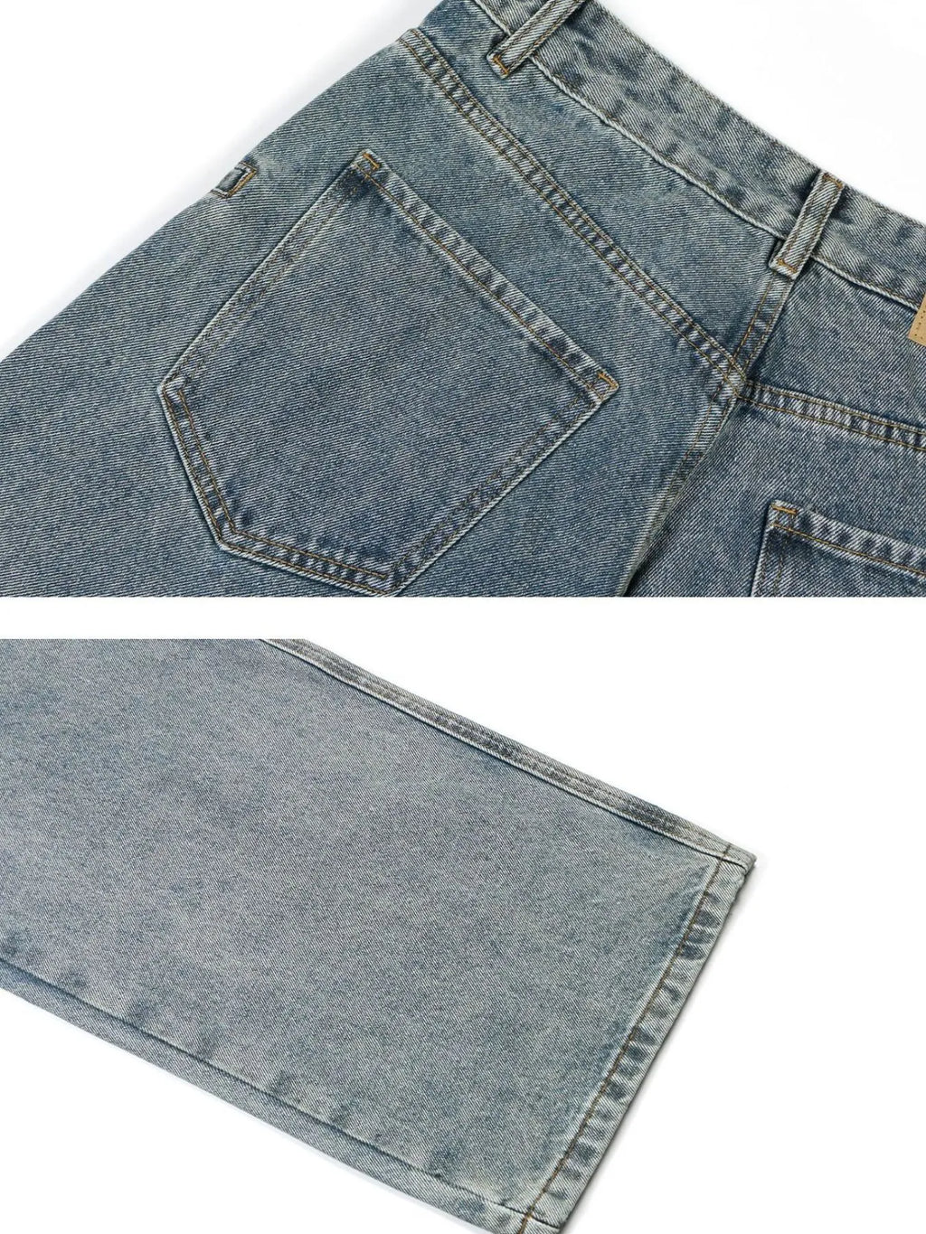 Wide hem detail on mens washed jeans