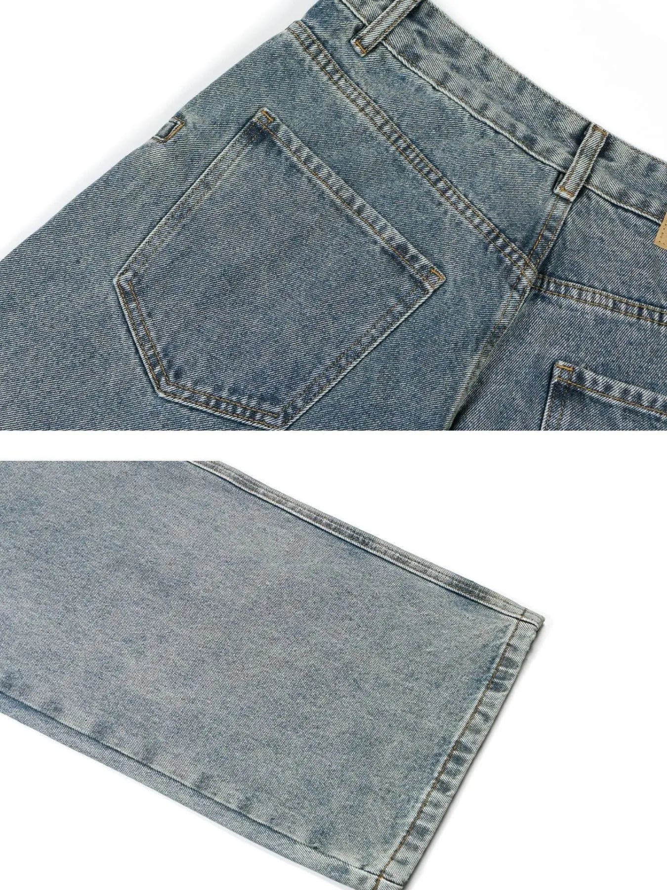Wide hem detail on mens washed jeans