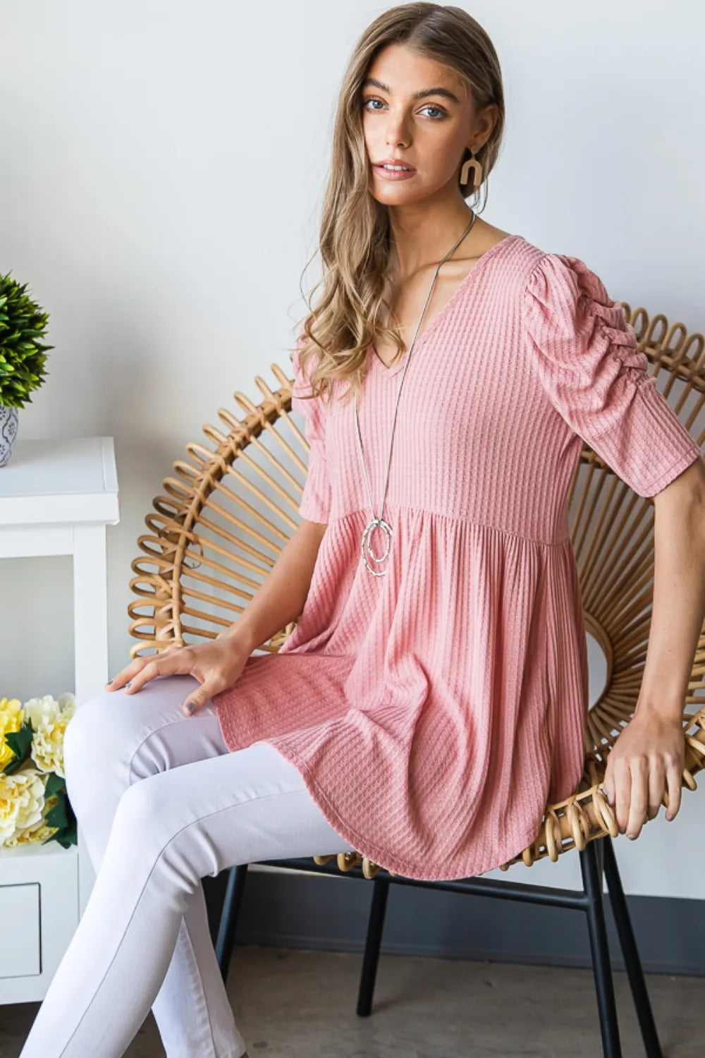 Waffle knit babydoll top back view