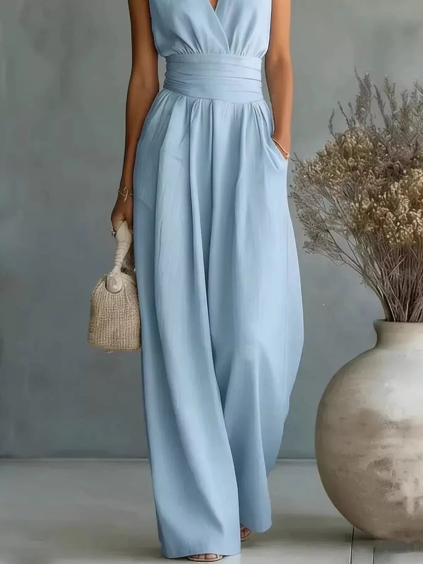 Wide leg jumpsuit sky blue color on model