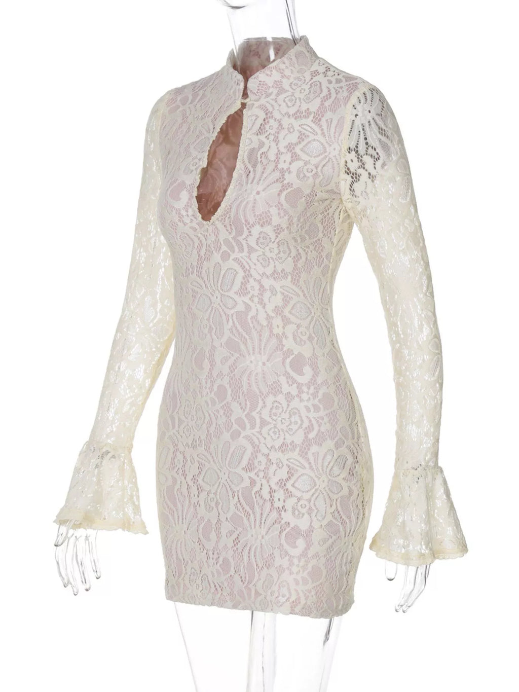 Burgundy lace cutout long sleeve mini dress front view