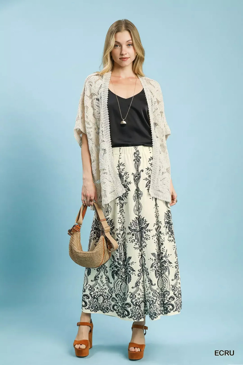 Wide leg pants border print detail close up