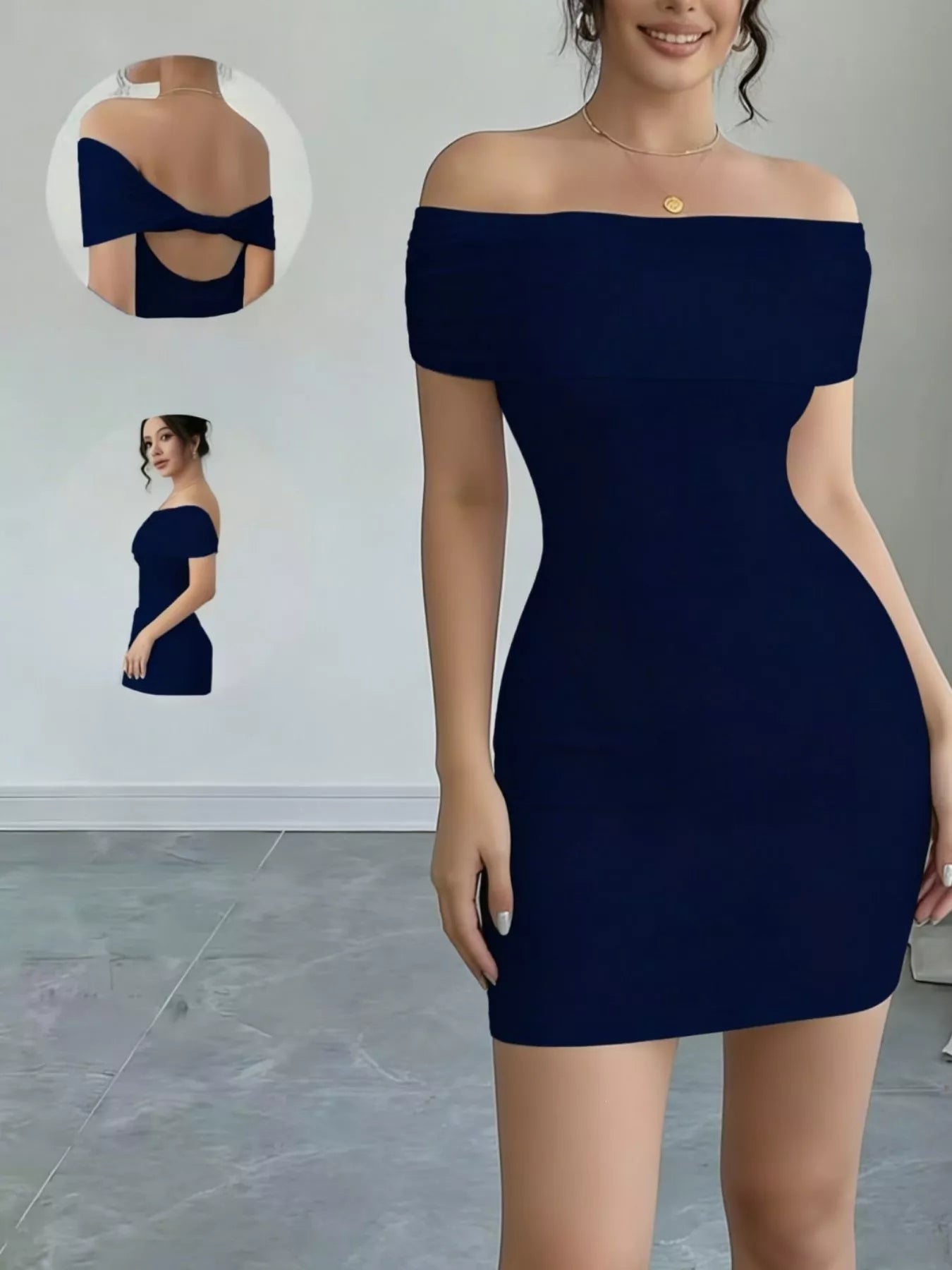 Off shoulder bodycon dress shown on model